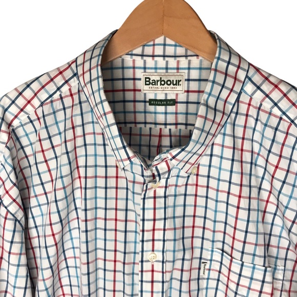 Barbour Large Checks Button Down Collar Shirt Cotton White Blue Long Sleeve XXL - Picture 3 of 13